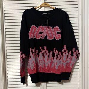 NWT AC/DC Black Sweater with Pink Flame Pixel Motif